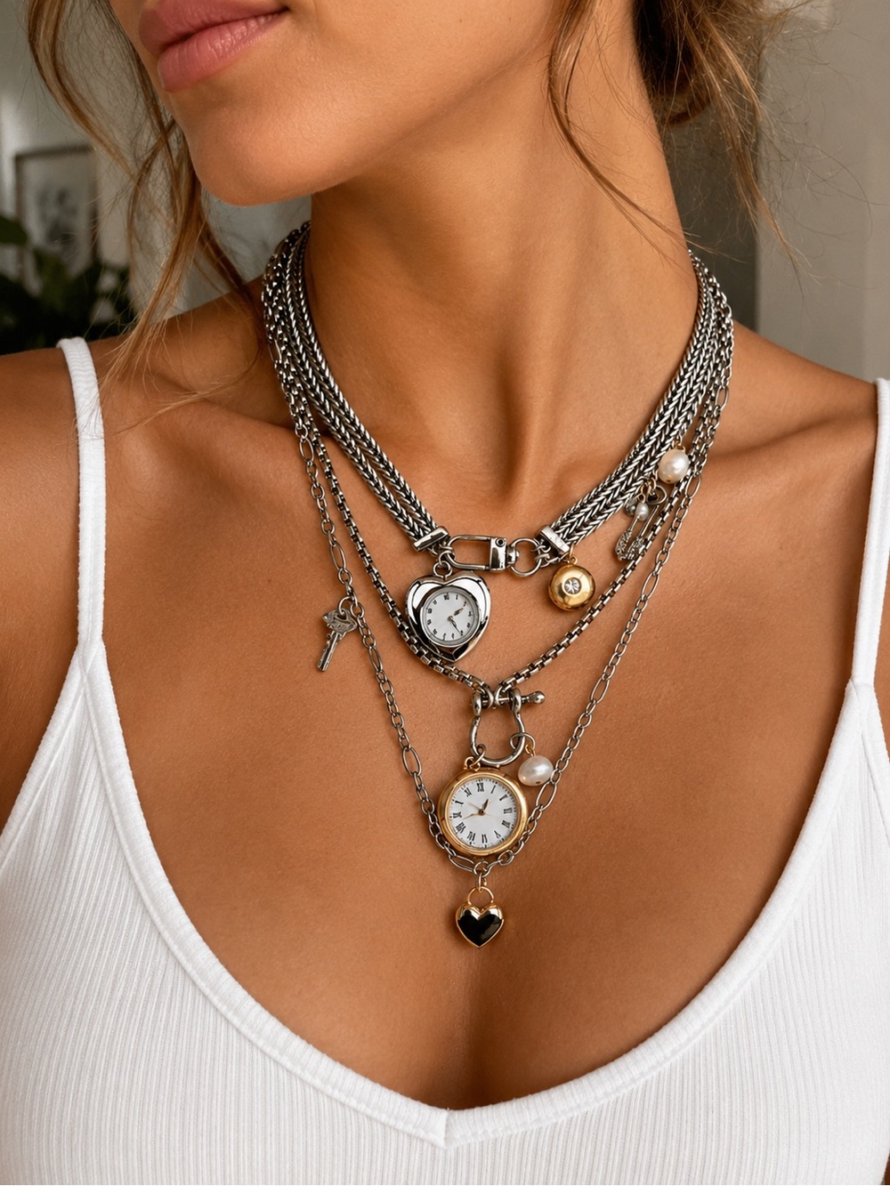 Silver Layered Heart Pendant Watch Necklace Boho jewelry